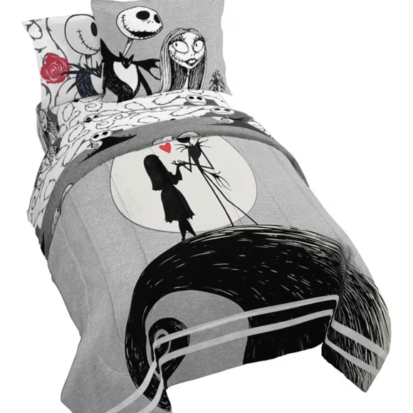 Nightmare Before Christmas Other - Themed Grey & Black Bedding Set with Red Accent - Nightmare Silhouette Design